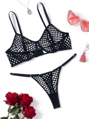 Avidlove Fishnet Lingerie Set Hollow Out Push Up Bra and Sheer Thong Women's Sexy Lingerie Underwear 2 Piece
