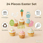 24Pcs Easter Cupcake Toppers - Bunny Rabbit Carrot Egg with Glitter, Spring Party Decorations for Cupcake, Baby Shower, Easter Party Supplies