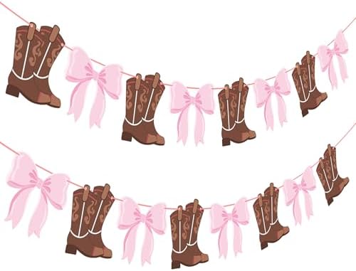 Boot or Bows Banner 2PCS Boots Or Bows Gender Reveal Party Decorations, Cowgirl Birthday Party Supplies Cowboy Gender Reveal Banner for Western Baby Shower Decor