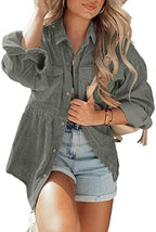 Womens Corduroy Peplum Shacket Jacket Long Sleeve Button Down Babydoll Shirts Oversized Casual Blouses Tops