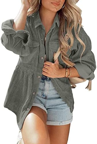 Womens Corduroy Peplum Shacket Jacket Long Sleeve Button Down Babydoll Shirts Oversized Casual Blouses Tops