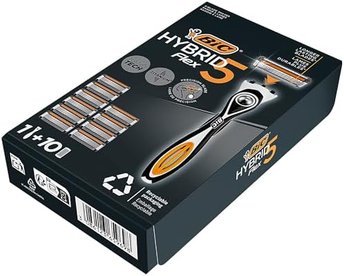 BIC Hybrid 5 Flex Refillable Men's Razor, 1 Weighted Handle and 10 Nano-Tech Titanium 5-Blade Refills with Precision Blade - Bundle of 1+10