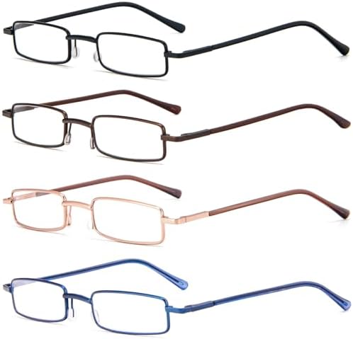 REAVEE 4 Pack Slim Pen Reading Glasses Small Tube Readers for Men Women Spring Hinged with Portable Clip Case, Black Brown Gold Blue 2.5