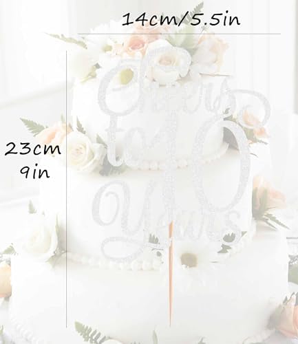 Cheers to 10 Years Cake Topper - Silver Glitter Children's 10th Birthday Cake Decorating Supplies - Blessed 10 Years Wedding, Anniversary Party Decorations, Photo Booth Props