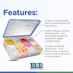 GMS 12 Compartment Vitamin Pill Organizer - Large Size Suitable for Multiple Supplements & Tablets - Safe, Secure Design with Easy Locking Lid - Medicine Cabinet Organizer & Ideal for Travel