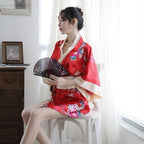 SIQITECHNO Womens Floral Kimono Bathrobe Mini Dress Nightgown Nightwear Japanese Short Yukata Sleepwear Outfit Belt Lingerie