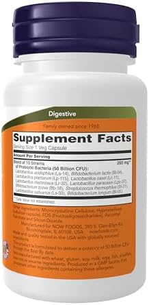 NOW Foods Supplements, Probiotic-10™, 50 Billion, with 10 Probiotic Strains, Strain Verified, 50 Veg Capsules