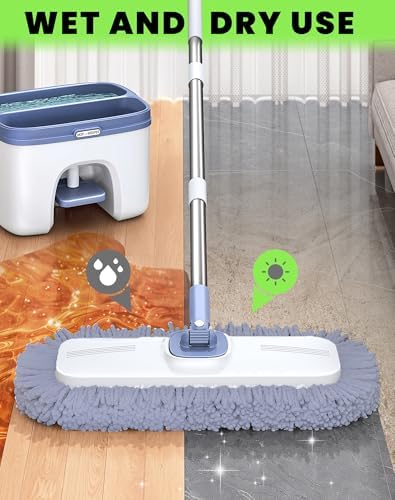 Flat Microfiber Mop and Bucket Set with Wringer, 360° Spin Mop for Floor & Wall Cleaning, 17.7x9in Wide Head, 4 Washable Pads, Hands-Free