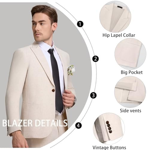 Mens Linen Suit 2 Piece Casual Suits for Men Summer Beach Groom Wedding Suit Linen Blazer Pants Set