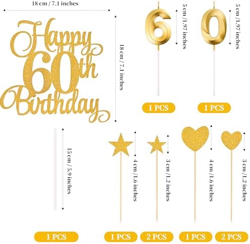 60th Birthday Cake Toppers, 60th Birthday Candles Numeral Candles and Glitter Cake Decorations Toppers Set for Party Supplies (Gold)