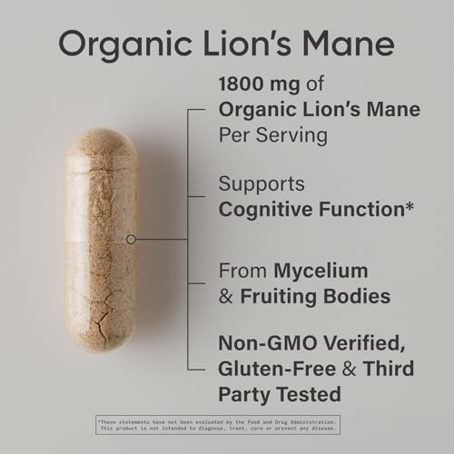 Sports Research® Organic Lion's Mane Mushroom Supplement 1800mg - Brain Health, Focus & Cognitive Supports - USDA Certified Organic · Non-GMO · Vegan - 90 Count Capsules
