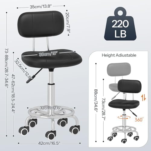 HOOBRO Height Adjustable Rolling Stool, 360° Swivel Drafting Chair with Backrest, Office Desk Chair PU Leather for Salon Barber, Shop Bar, Black and Silver SB36BY01