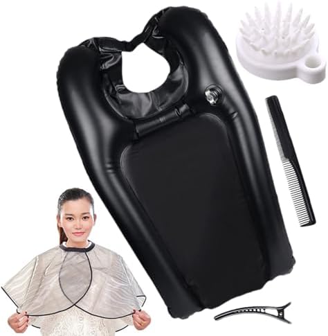 Shampoo Basin - Inflatable Hair Washing Tub, Portable Sink Side Rinse Bowl with Waterproof Shawl Cover Set, Comfortable Neck Support Cushion, Ideal for Home Bedridden Elderly Care Use