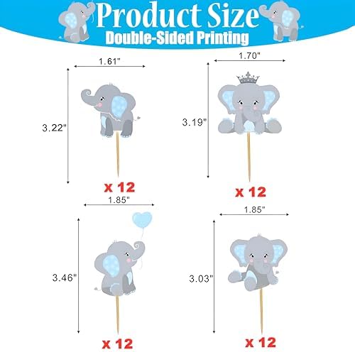 Finduat 48 Pieces Blue Elephant Cupcake Toppers for Boy Baby Shower Decorations Supplies, Baby Boy Birthday Party Supplies(Double Sided)