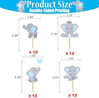 Finduat 48 Pieces Blue Elephant Cupcake Toppers for Boy Baby Shower Decorations Supplies, Baby Boy Birthday Party Supplies(Double Sided)