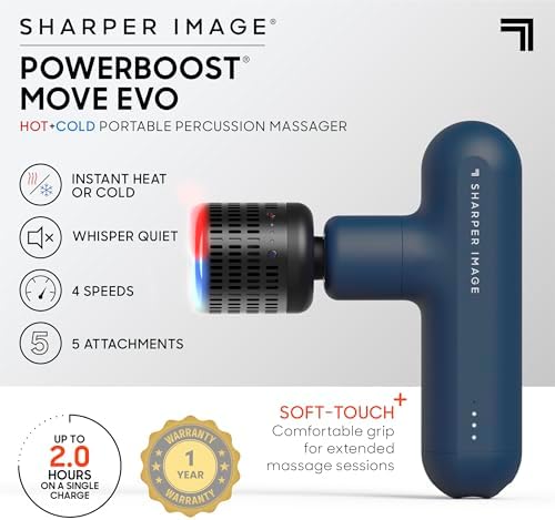 Sharper Image Deep Tissue Percussion Massage Gun, Powerboost Move Evo Hot & Cold Rechargeable Handheld Massager, 4 Adjustable Speeds, 5 Attachment Heads & Carrying Case, for Muscle Pain Relief, Blue
