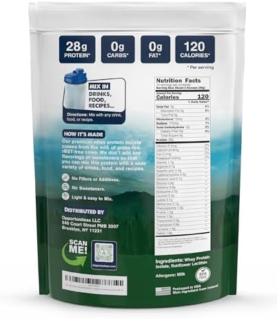 Opportuniteas Grass Fed Whey Isolate Protein Powder – Unflavored, Heavy-Metal Tested, 28g Protein, Sourced from Ireland, Hormone-Free, Non-GMO, Packaged in USA – 5lb
