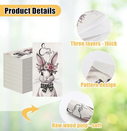 HEIPINIUYE 50 Pieces Happy Easter Paper Napkins 3-ply Easter Bathroom Napkins Guest Disposable Hand Towels Dinner Napkins for Easter Party Rabbit Paper Guest Towels