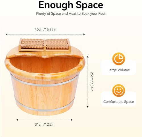 Foot Basin Wooden Foot Bath Bucket, Solid Cedar Wood Foot Tub with Massage Roller & Cover Plate, Good Heat Preservation, Thicken Feet Relax Pedicure Bowl Spa Barrel Kit for Washing Soak Massage Sauna