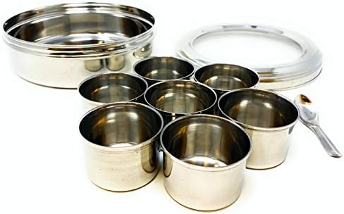 Rani Spice Box (7.5in x 2.8in) Stainless Steel Transparent Round Storage For Spices (Masala Dabba) 7 Compartments, with spoon ~ Packed in an attractive box, perfect for gifts!