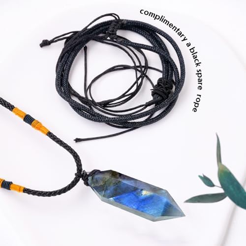 Runyangshi Labradorite Healing Crystal Pendants, Double Pointed Natural Crystal Quartz Necklace 6 Faceted Chakra Crystal Wand Stone