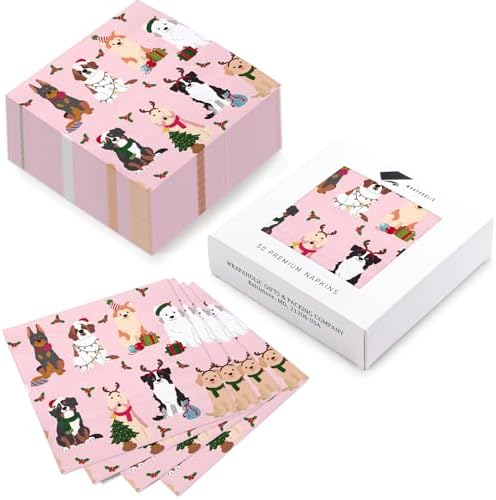 WRAPAHOLIC 50Pcs Christmas Paper Napkins - 3 Ply Christmas Puppy Disposable Luncheon Napkin for Christmas Party Supplies Tableware, Xmas Holiday - 6. 5 x 6.5 In