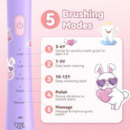 JTF Rechargeable Electric Toothbrush for Kids: 5 Gentle Modes for Ages 3+, Safe & Effective for Sensitive Teeth - with Fun DIY Stickers, 4 Soft Brush Heads, Children Sonic Toothbrush for Home & School