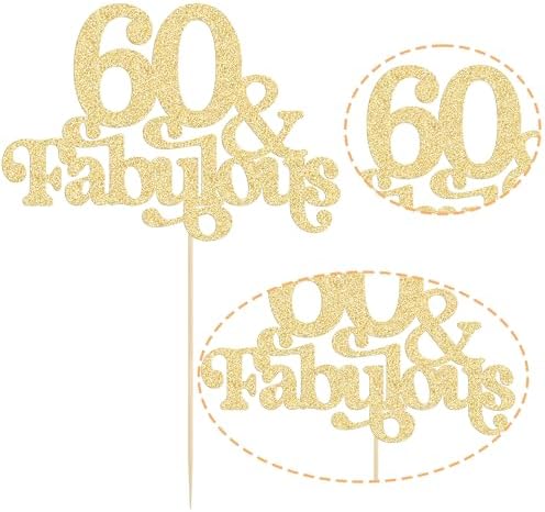 Ephlyn 1Pc 60 & Fabulous Cake Topper Glitter Sixty and Fabulous Cake Toppers Happy 60th Birthday Cake Pick for 60th Wedding Anniversary Birthday Party Decorations Supplies Gold