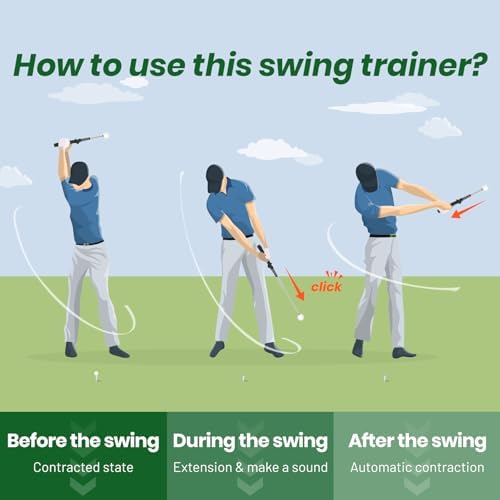 5-in-1 Retractable Golf Swing Trainer, Training Aid with Grip Trainer, Swing Mechanics for Beginners & Tempo Training for Advanced, Click Feedback, Arm Connection, Right/Left-Handed, Indoor/Outdoor
