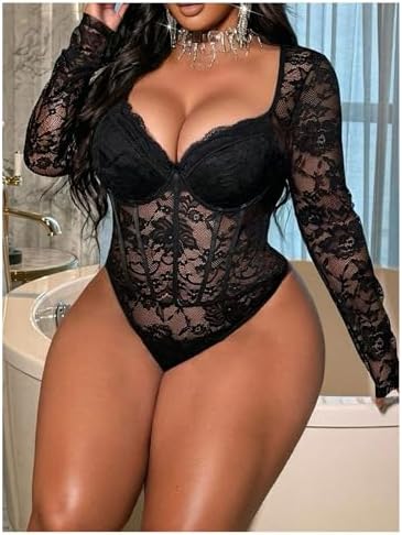 WDIRARA Women's Plus Size Lace Bodysuit Mesh Long Sleeve Sweetheart Neck Leotard Body Suit