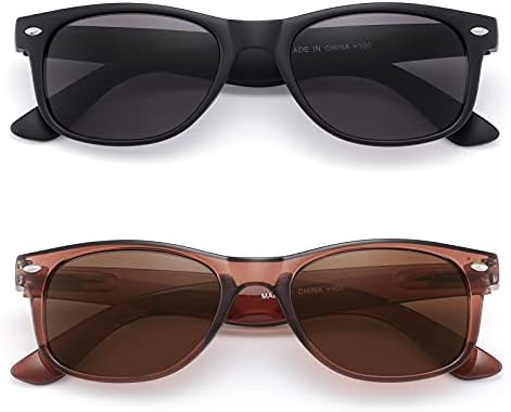 2 Pack Reader Sunglasses for Men Women Classic Rectangle Reading Glasses Outdoor Full Lenses Magnifying Eyewear UV Protection Matte Black/Bright Brown +1.5