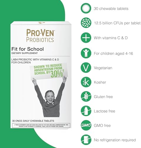 Pro-Ven Fit for School Kids Vitamins Kids Probiotic Chewable Tablets | 12.5 Billion CFUs with Vitamin C & D for Ages 4-16 | Strawberry Flavor | Vegetarian, Gluten & Lactose Free | 30 Daily Tablets