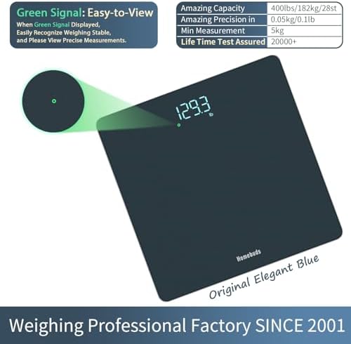 Homebuds Bathroom Scale for Body Weight, High Precision 0.1lb by Professional Factory Since 2001, Weight Scale LED Display and Step-On, 3*AAA Batteries Included, 400lb/182kg, Blue
