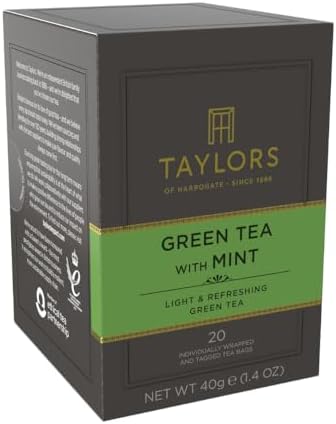 Taylors of Harrogate Green Tea with Mint, Individually Wrapped Bags, 20 Count (Pack of 1), Refreshing, Light & Lively, Caffeinated, Enjoy Hot or Iced, 20 Teabags