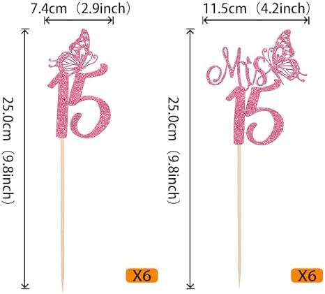12 Pack Happy 15th Birthday Party Decorations, Mis 15 Centerpiece Sticks, Hello 15 Fabulous Table Toppers, Double Sided Glitter Cheers to 15 Years Old Birthday Anniversary Party Decotations Deep Pink