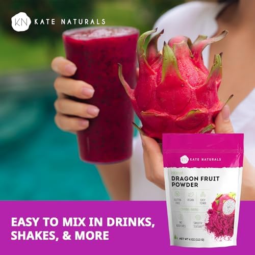 Kate Naturals Dragon Fruit Powder for Baking & Drinks (4oz). Vegan, Gluten Free Dried Pink Pitaya Powder for Dragonfruit Syrup, Smoothies & Food Coloring