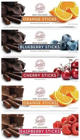 Sweet Candy Company Dark Chocolate Fruit Flavored Sticks - Gourmet Chocolate Covered Sticks, Orange, Blueberry, Cherry, Raspberry, Gift Idea for Holidays, Gluten Free, Kosher - 10.5 oz Box (Pack of 5)