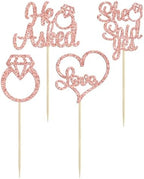 Gyufise 24Pcs Rose Gold He Asked She Said Yes Cupcake Toppers Diamond Ring Heart Cake Picks for Wedding Engagement Party Cake Decorations