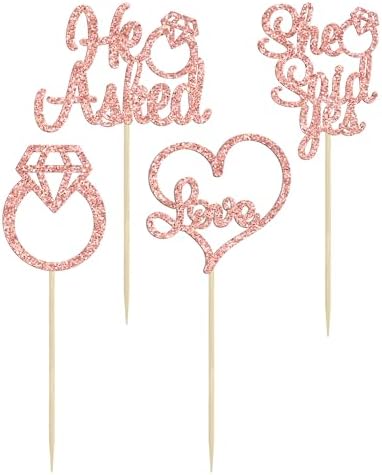 Gyufise 24Pcs Rose Gold He Asked She Said Yes Cupcake Toppers Diamond Ring Heart Cake Picks for Wedding Engagement Party Cake Decorations