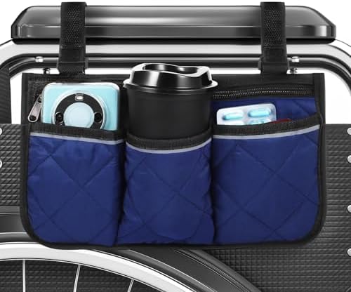 Wheel Chair Accessories Adults Wheelchair Bags to Hang on Back Wheelchair Armrest Pouch Walker Bag Side Organizer Pouch Sides Pocket Reflective Stripe Accessories Bags for Most Wheelchairs (Blue)