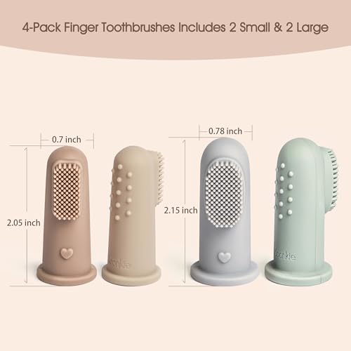 Moonkie Baby Toothbrush Finger Toothbrush Oral Cleaner Kit for 3 Months +, 4 Pcs Small (Sand/Warm Taupe)/Large (Blue/Mint)