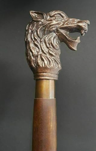 Waziha Noutical Handmade Walking Stick Wolf Head Copper Antique Metal Handle Wooden Vintage Cane, Brown, 36 inch
