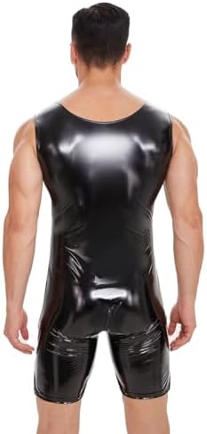 Men Sexy Leather Bodysuit, Zipper Open Crotch, Wetlook, Shiny Latex Leotard Crotchless, Black