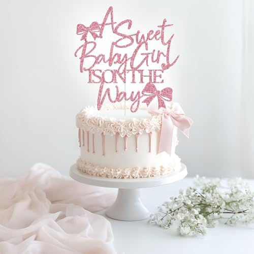 A Sweet Baby Girl is on The Way Cake Topper, Bow Baby Shower Cake Topper, Welcome Baby Girl, Bow Themed Girls Baby Shower Party Decorations, Pink Glitter