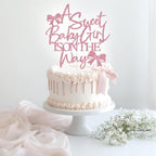 A Sweet Baby Girl is on The Way Cake Topper, Bow Baby Shower Cake Topper, Welcome Baby Girl, Bow Themed Girls Baby Shower Party Decorations, Pink Glitter