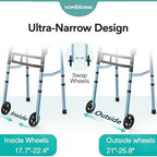 HOMENURSE Narrow Walkers for Seniors, Folding Walker with Skis and 5" Wheels for Small Spaces, Adjustable Width & Height, Aluminum Lightweight Standard Rolling Walker, Support Up to 350lbs, Blue