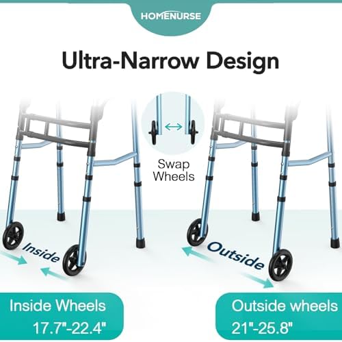 HOMENURSE Narrow Walkers for Seniors, Folding Walker with Skis and 5" Wheels for Small Spaces, Adjustable Width & Height, Aluminum Lightweight Standard Rolling Walker, Support Up to 350lbs, Blue