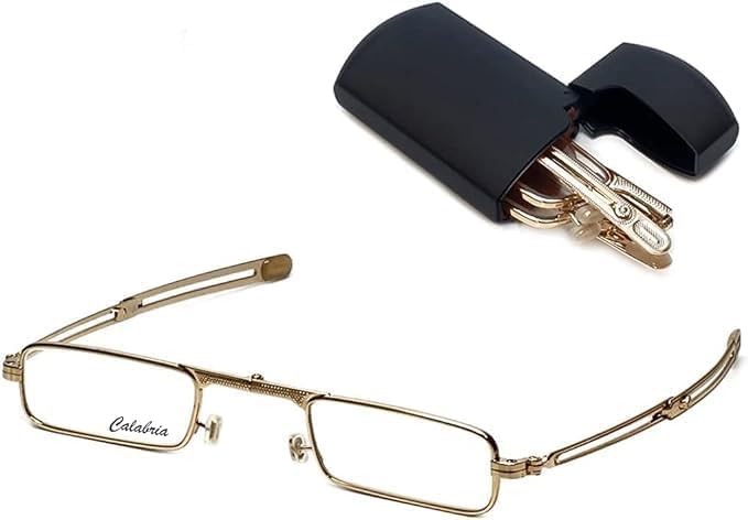 Calabria Mini Metal Folding Reading Glasses Corning Glass Lens Mens Womens Pocket Readers Travel Foldable Flip Top Hard Case