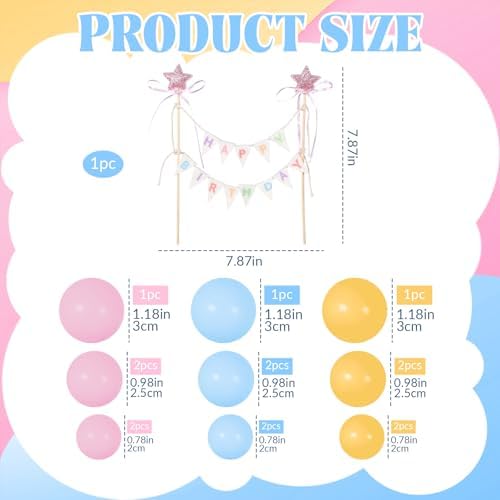 16 Pcs Happy Birthday Cake Topper Cake Bunting Topper Banner with Wood Pole Rainbow Garland with Bow Ribbon Balloon Cupcake Decor for Birthday Baby Shower (Pink,Blue,Yellow)