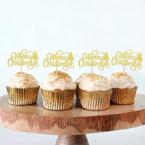 24 Pack Merry Christmas Cupcake Toppers Red Xmas Holiday Cupcake Picks for Christmas Party Cake Decorations Gold